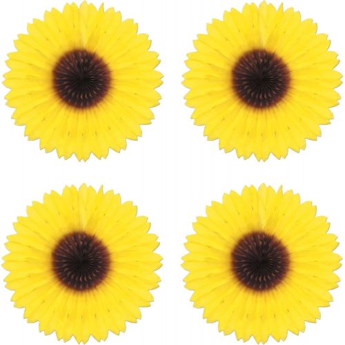  Beistle S50276AZ4, 4 Piece Sunflower Fans, 18, Yellow/Brown