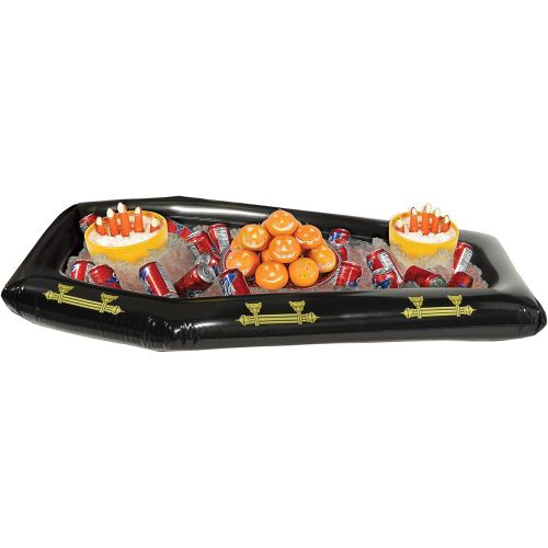  Beistle Plastic Novelty Inflatable Coffin Happy Halloween Party Buffet Cooler Serving Tray Food Drink Holder, 4.33 ft X 30.5 in, Black/Red/Gold