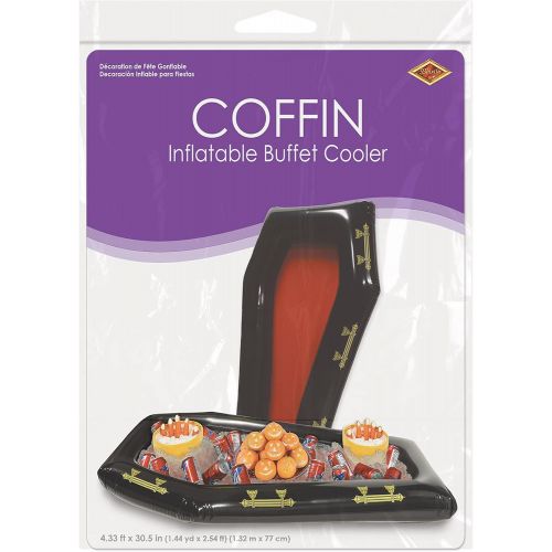  Beistle Plastic Novelty Inflatable Coffin Happy Halloween Party Buffet Cooler Serving Tray Food Drink Holder, 4.33 ft X 30.5 in, Black/Red/Gold