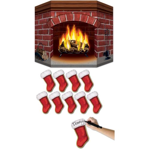  Beistle Brick Fireplace Stand-Up with 10 Mini Christmas Stocking Cutouts