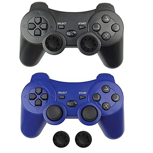  BEK Controller 2 Pack Replacement for PS3 Controller, Wireless Remote Gamepad with Thumb Grips Double Shock Vibration Motion Sensors Rechargeable Battery Compatible with Sony PlayS