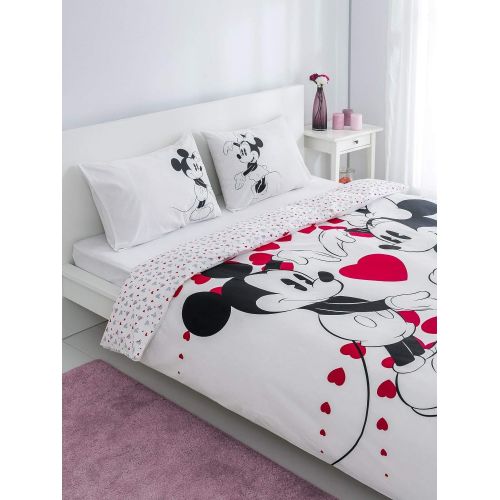  Bekata Minnie Mickey Mouse Bedding Set, Love Hearts Themed Quilt/Duvet Cover Set with Fitted Sheet, Reversible, Single/Twin Size, Red Black White, (3 PCS)