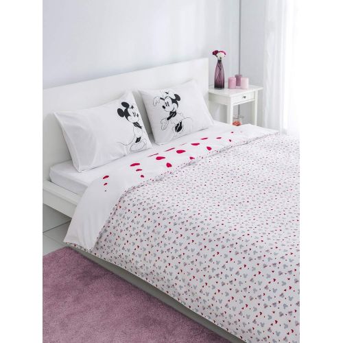  Bekata Minnie Mickey Mouse Bedding Set, Love Hearts Themed Quilt/Duvet Cover Set with Fitted Sheet, Reversible, Single/Twin Size, Red Black White, (3 PCS)