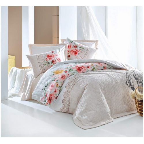  Bekata Sandy 100% Cotton Multifunctional Four Season Floral Pattern Bedding Set Quilted Bedspread/Duvet Cover Set, (Twin 3 PCS, Queen 4 PCS) Beige (Twin) (Queen Size)