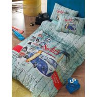 Bekata Surfer, 100% Cotton Nautical Bedding Set, Vintage Classic Van Minibus Surfing Themed Quilt/Duvet Cover Set with Fitted Sheet, Single/Twin Size, COMFORTER INCLUDED (4 PCS)