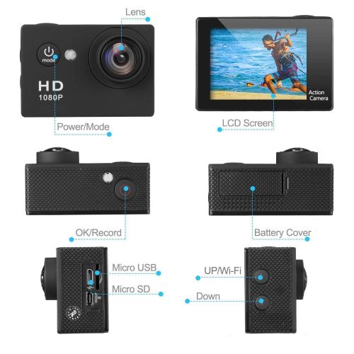  Bekhic Action Camera Underwater Cam 1080P Full HD 12MP Waterproof 30m 2 LCD 140 Degree Wide-Angle Sports Camera Rechargeable 1050mAh Batteries Mounting Accessory Kits
