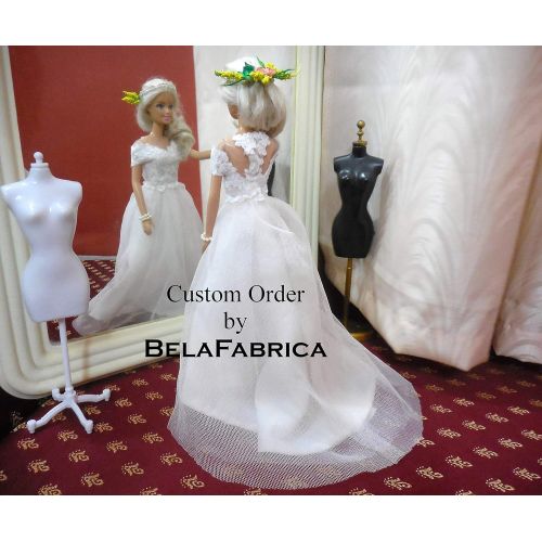  BelaFabrica Custom Bridal Centerpiece Cake Table Decoration Cake Topper Shower Gift Table Wedding Dress Replica Miniature Barbie Floral Wreath Doll Gift for NewlyWeds 16 Scale Keepsake Off-Sh