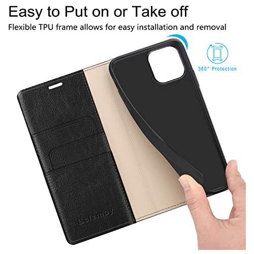  [아마존베스트]Belemay Compatible with iPhone 12/12 Pro Wallet Case 5G (6.1 2020) Genuine Cowhide Leather Folio Flip Cover [RFID Blocking] Credit Card Holder [Soft TPU Shell] Kickstand Function F