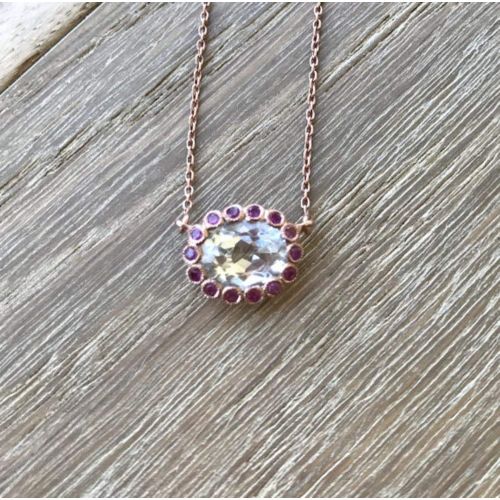  Belesas Rose Gold Bridal Necklace- Classic Halo Necklace- Unique Gemstone Necklace- April Birthstone Necklace- Jewelry Gifts for Her