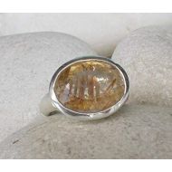 Belesas Oval Bold Statement Ring- Gold Rutile Quartz Ring- Rutilated Quartz Ring- Unique Gemstone Ring- Solitaire OOAK Ring- Jewelry Gifts for Her