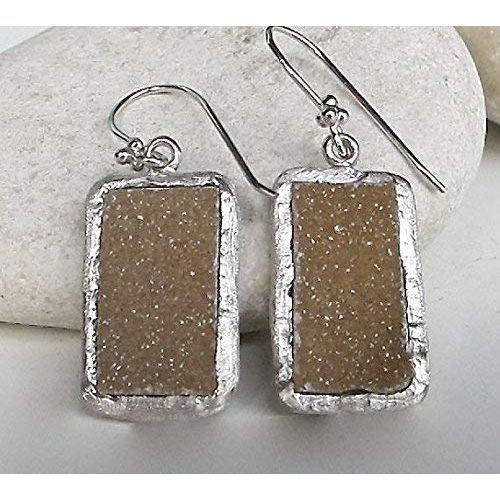  Belesas Rectangle Druzy Dangle Earring- Brown Drusy Earring- Edgy Statment Earring- Unique Brown Earring- Sterling Silver Earring- Jewelry Gifts for her