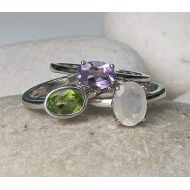 Belesas June, February and August Birthstone Ring- Stack Ring- Moonstone Ring- Peridot Ring- Amethyst Ring- Mothers Ring- Gemstone Ring- Gift Ideas