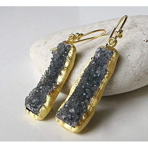  Belesas Rectangle Brwon Druzy Gold Dangle Earring