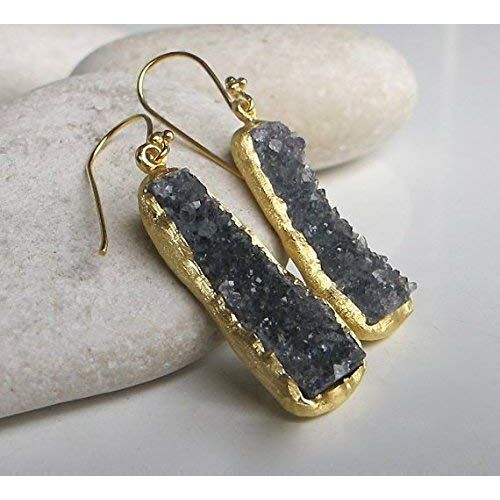  Belesas Rectangle Brwon Druzy Gold Dangle Earring