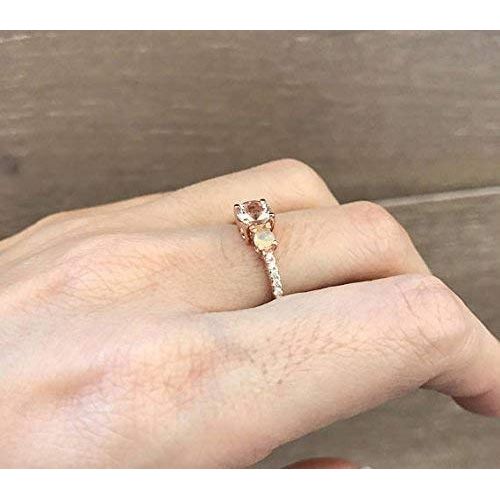  Belesas Morganite Opal Engagement Ring- Rose Gold Engagement Ring- Three Stone Anniversary Ring- Unique Promise Ring- Jewelry Gifts for Her