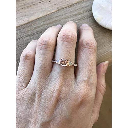  Belesas Morganite Opal Engagement Ring- Rose Gold Engagement Ring- Three Stone Anniversary Ring- Unique Promise Ring- Jewelry Gifts for Her