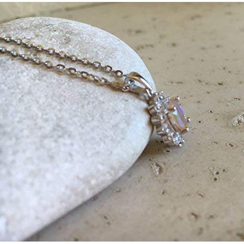  Belesas Halo Natural Opal Necklace- October Birthstone Necklace- Oval Opal Sterling Silver Necklace- Jewelry Gifts for Her