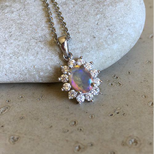  Belesas Halo Natural Opal Necklace- October Birthstone Necklace- Oval Opal Sterling Silver Necklace- Jewelry Gifts for Her