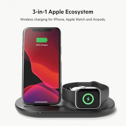 벨킨 Belkin 3-in-1 Wireless Charger - Fast Charging Stand for Apple iPhone, Apple Watch & AirPods Case Compatible Qi Station For Multiple Devices - Black