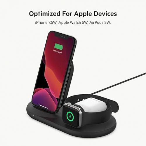 벨킨 Belkin 3-in-1 Wireless Charger - Fast Charging Stand for Apple iPhone, Apple Watch & AirPods Case Compatible Qi Station For Multiple Devices - Black