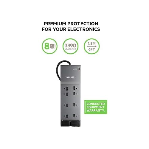 벨킨 Belkin Power Strip Surge Protector with 8 Outlets, 6 ft Long Flat Plug Heavy Duty Extension Cord + Overload Protection for Home, Office, Travel, Compuer Desktop & Phone Charging Brick (3,550 Joules)