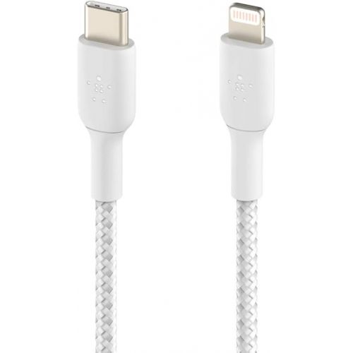 벨킨 Belkin BoostCharge Nylon Braided USB C to Lightning Cable 6.6ft/2M - MFi Certified 18W Power Delivery iPhone Charger Cord - Apple Charger USB C Cable - Fast Charging for iPhone 14, iPhone 13 - White