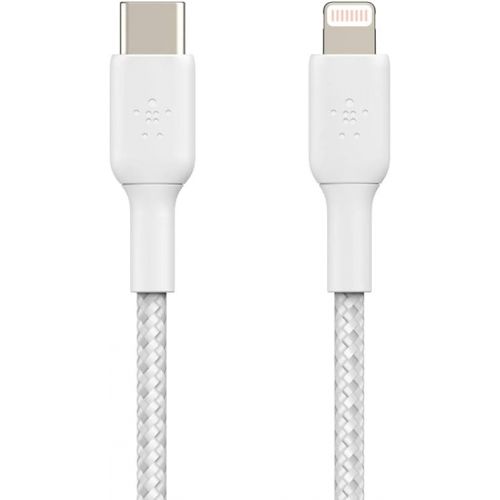 벨킨 Belkin BoostCharge Nylon Braided USB C to Lightning Cable 6.6ft/2M - MFi Certified 18W Power Delivery iPhone Charger Cord - Apple Charger USB C Cable - Fast Charging for iPhone 14, iPhone 13 - White