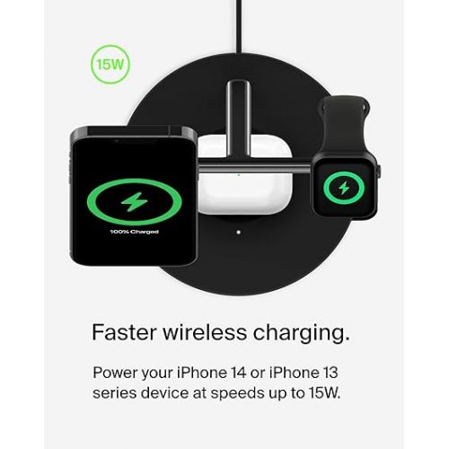 벨킨 Belkin MagSafe 3-in-1 Wireless Charging Stand - 2ND GEN w/ 33% Faster for Apple Watch - iPhone 15, 14 & 13 Series, & AirPods -Charging Station for Multiple Devices - Black