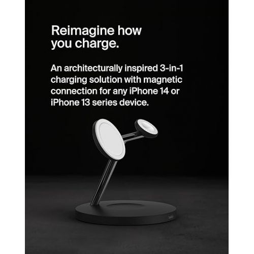 벨킨 Belkin MagSafe 3-in-1 Wireless Charging Stand - 2ND GEN w/ 33% Faster for Apple Watch - iPhone 15, 14 & 13 Series, & AirPods -Charging Station for Multiple Devices - Black