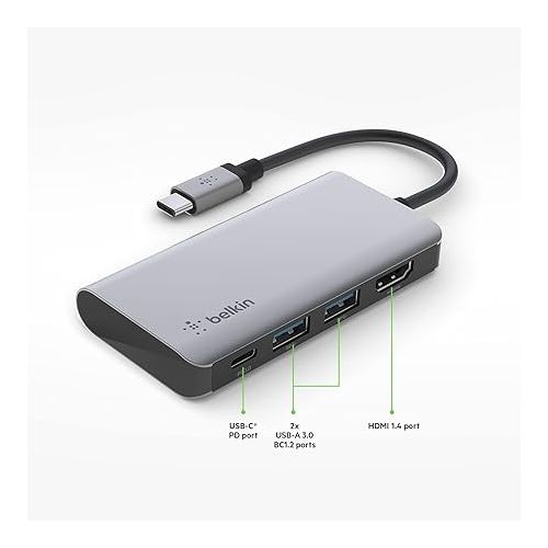 벨킨 Belkin USB C Hub, 4-in-1 Multi-Port Laptop Dock with 4K HDMI, USB C Docking Station with 100 Watt Pass-Through Power Delivery, 2 X USB A Ports For MacBook Pro, Air, iPad Pro, Chromebook and More