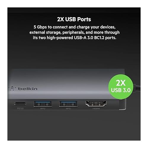 벨킨 Belkin USB C Hub, 4-in-1 Multi-Port Laptop Dock with 4K HDMI, USB C Docking Station with 100 Watt Pass-Through Power Delivery, 2 X USB A Ports For MacBook Pro, Air, iPad Pro, Chromebook and More