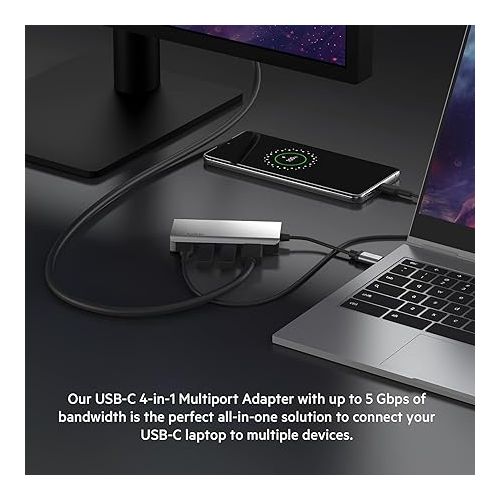 벨킨 Belkin USB C Hub, 4-in-1 Multi-Port Laptop Dock with 4K HDMI, USB C Docking Station with 100 Watt Pass-Through Power Delivery, 2 X USB A Ports For MacBook Pro, Air, iPad Pro, Chromebook and More