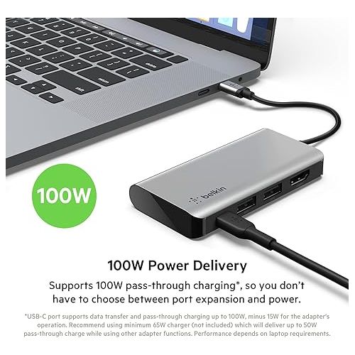 벨킨 Belkin USB C Hub, 4-in-1 Multi-Port Laptop Dock with 4K HDMI, USB C Docking Station with 100 Watt Pass-Through Power Delivery, 2 X USB A Ports For MacBook Pro, Air, iPad Pro, Chromebook and More