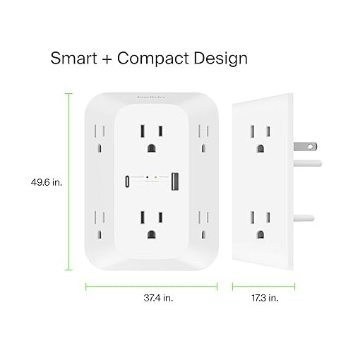 벨킨 Belkin 6-Outlet Surge Protector Power Strip, UL-listed, Wall-Mountable w/ 6 AC Outlets, Overvoltage Protection, LED Indicator - USB-C & USB-A Ports w/ USB-C PD Fast Charge - 1,680 Joules of Protection