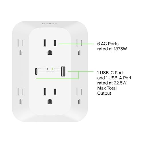 벨킨 Belkin 6-Outlet Surge Protector Power Strip, UL-listed, Wall-Mountable w/ 6 AC Outlets, Overvoltage Protection, LED Indicator - USB-C & USB-A Ports w/ USB-C PD Fast Charge - 1,680 Joules of Protection