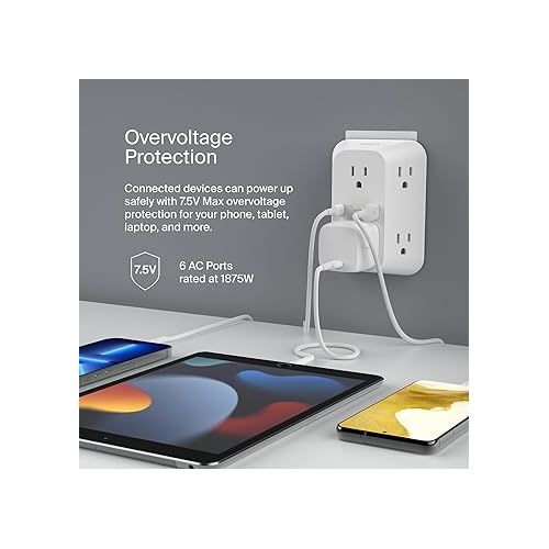 벨킨 Belkin 6-Outlet Surge Protector Power Strip, UL-listed, Wall-Mountable w/ 6 AC Outlets, Overvoltage Protection, LED Indicator - USB-C & USB-A Ports w/ USB-C PD Fast Charge - 1,680 Joules of Protection