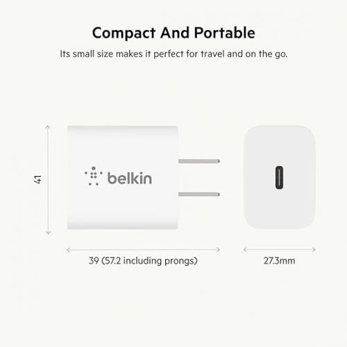 벨킨 Belkin 20W Wall Charger, USB-C Charger Block, Fast Charging Block for iPhone 15, 15 Plus, 15 Pro, 15 Pro Max, 14, 14 Pro, 14 Pro Max, 13, 13 Pro, 13 Pro Max, Galaxy S23, iPad, AirPods & More - 1-Pack