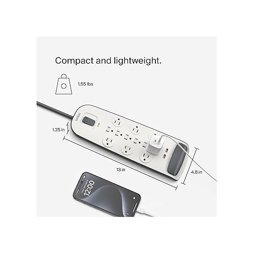 벨킨 Belkin USB Power Strip Surge Protector - 12 AC Multiple Outlets & 2 USB Ports - 6 ft Long Flat Plug Extension Cord for Home, Office, Travel, Computer Desktop & Charging Brick - White (3,996 Joules)