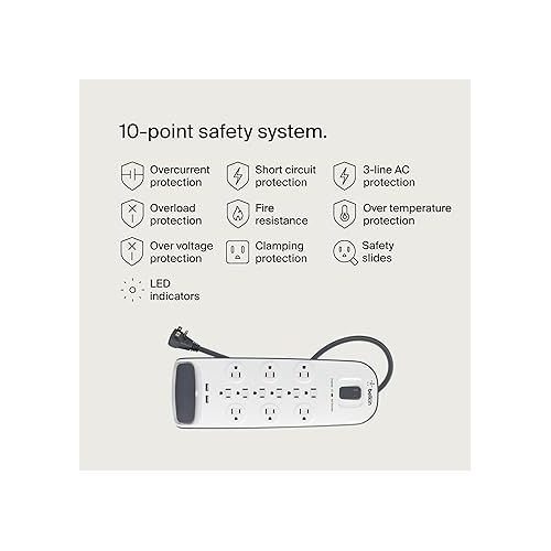 벨킨 Belkin USB Power Strip Surge Protector - 12 AC Multiple Outlets & 2 USB Ports - 6 ft Long Flat Plug Extension Cord for Home, Office, Travel, Computer Desktop & Charging Brick - White (3,996 Joules)