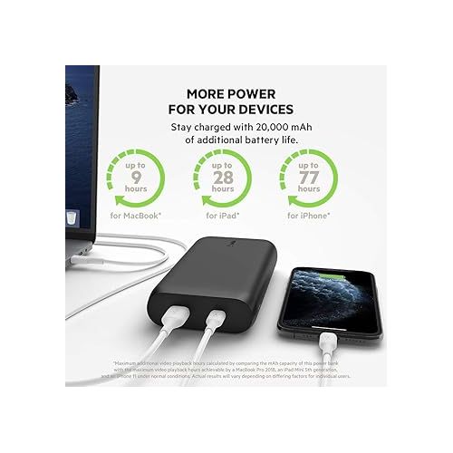 벨킨 Belkin BoostCharge USB-C PD 20k mAh Power Bank, Portable iPhone Charger, Battery Charger for Apple iPhone, iPad Pro, Samsung Galaxy, & More with USB-C Cable Included - Black