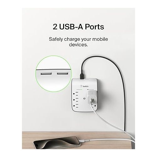 벨킨 Belkin 6-Outlet Wall Surge Protector w/ 2 USB-A Port for Home, Office, Travel, Computer Desktop, Laptop, Phone Charger, & More - 900 Joules of Protection