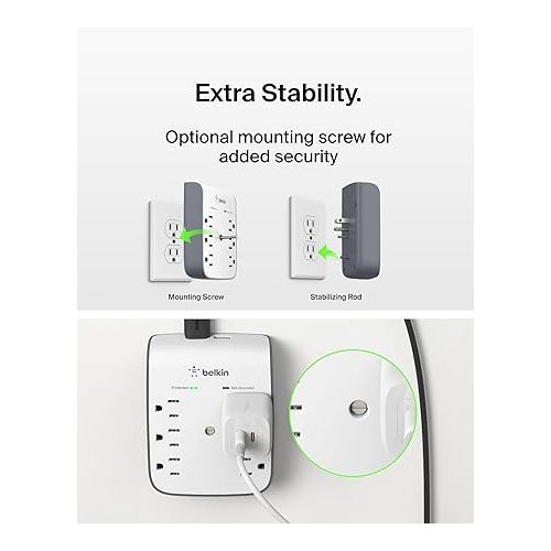 벨킨 Belkin 6-Outlet Wall Surge Protector w/ 2 USB-A Port for Home, Office, Travel, Computer Desktop, Laptop, Phone Charger, & More - 900 Joules of Protection