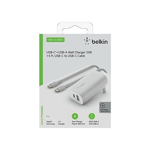 벨킨 Belkin USB C Wall Charger 32W C to C Cable Included PD with 20W USB C & 12W USB A Ports for USB-C Power Delivery