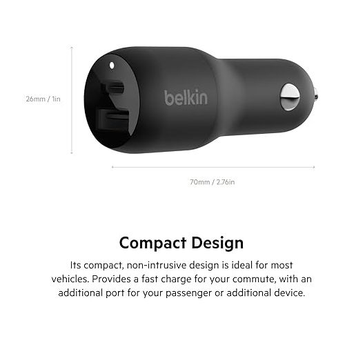 벨킨 Belkin 37-Watt Dual USB Car Charger - Power Delivery 25W USB-C Port & 12W USB-A Port for PPS Charging Apple iPhone, Samsung Galaxy, AirPods, & More