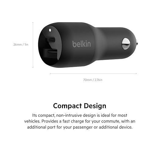 벨킨 Belkin 37-Watt Dual USB Car Charger - Power Delivery 25W USB-C Port & 12W USB-A Port for PPS Charging Apple iPhone, Samsung Galaxy, AirPods, & More