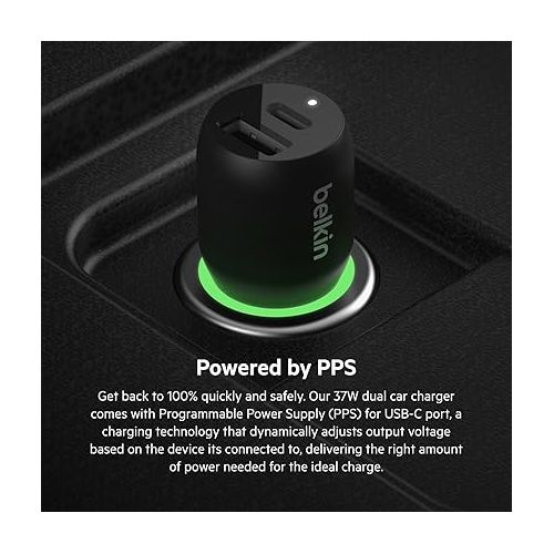 벨킨 Belkin 37-Watt Dual USB Car Charger - Power Delivery 25W USB-C Port & 12W USB-A Port for PPS Charging Apple iPhone, Samsung Galaxy, AirPods, & More