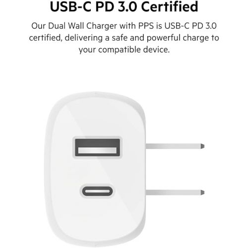 벨킨 Belkin 37-Watt USB-C Wall Charger - Power Delivery 25W USB-C Port + 12W USB-A Port for PPS Charging Apple iPhone 15, 15 Plus, 15 Pro, 15 Pro Max, iPhone 14 Pro, 14 Pro Max, Samsung Galaxy S24, & More