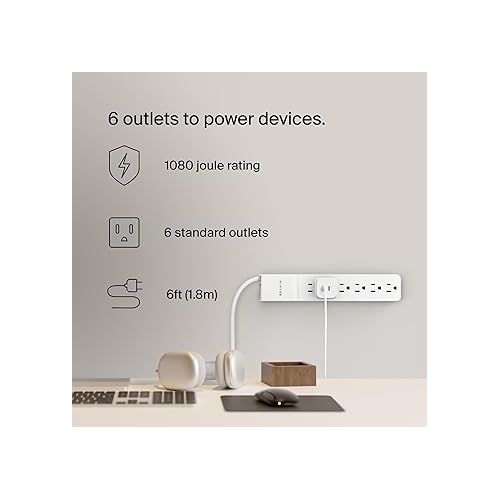 벨킨 Belkin 6-Outlet Surge Protector Power Strip, 6ft Cord, 360° Rotating Plug - 1080 Joules Protection