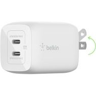 Belkin 65W Dual USB-C Wall Charger, Fast Charging Power Delivery 3.0 w/ GaN Technology for iPhone 15, 15 Pro, 15 Pro Max, 14, 13, Pro, Pro Max, Mini, iPad Pro 12.9, MacBook, Galaxy S24, & More - White