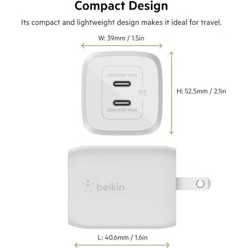 벨킨 Belkin 65W Dual USB-C Wall Charger, Fast Charging Power Delivery 3.0 w/ GaN Technology for iPhone 15, 15 Pro, 15 Pro Max, 14, 13, Pro, Pro Max, Mini, iPad Pro 12.9, MacBook, Galaxy S24, & More - White